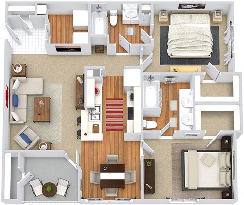 A top-down view of a small apartment with a kitchen, living room, and bedroom.